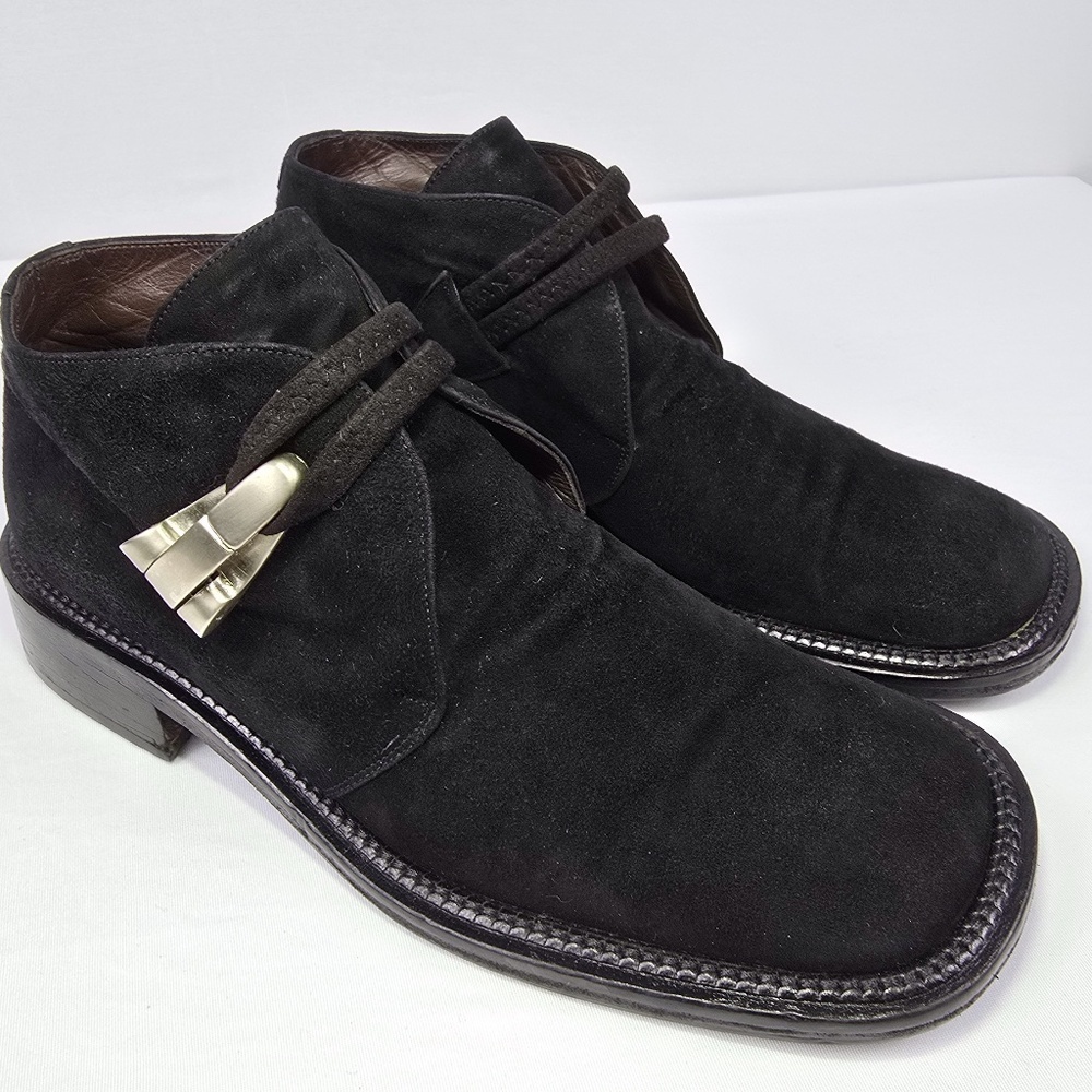 Goffredo Fantini Womens - EU 38 / US 7.5 Black Suede Ankle Boots Silver Buckle